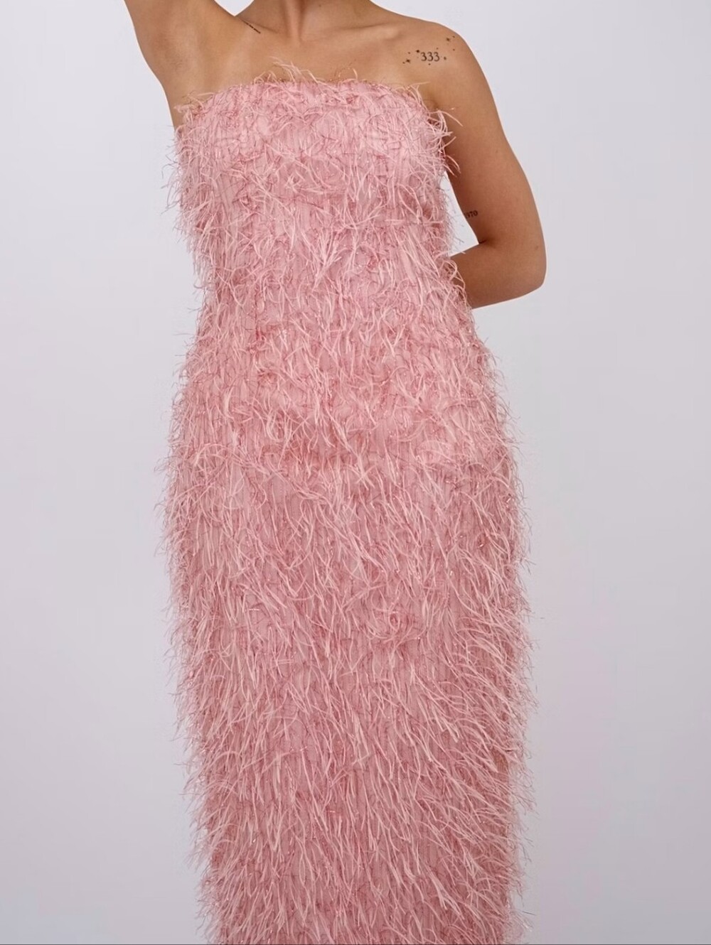 Redondo Brand Strapless Feather-Trim Column Dress in Dusty Pink